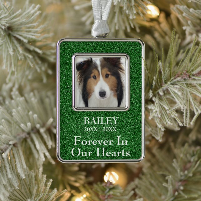 Foto Memorial Green Glitzer Dog Rahmen-Ornament Silber (Baum)