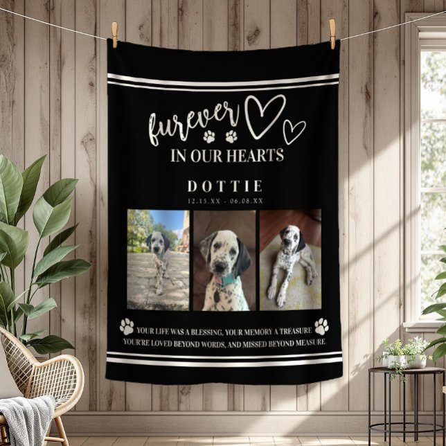 Foto Memorial Hund Furever in unserem Herzen Fleecedecke (Photo Memorial Dog Furever In Our Hearts Black and White Fleece Blanket)