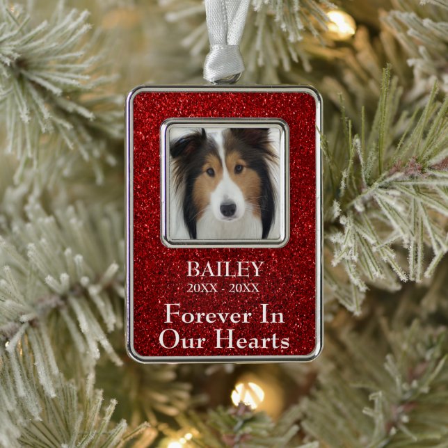 Foto Memorial Red Glitzer Dog Rahmen-Ornament Silber (Baum)