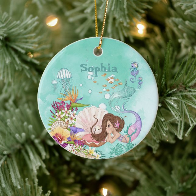 Foto Mermaid Dark Hair Pink Blau Niedlich Keramik Ornament (Baum)