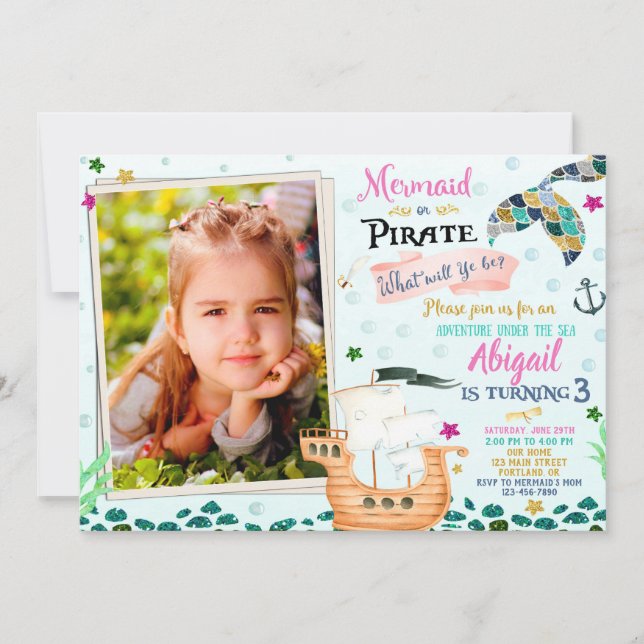 Foto Mermaid und Pirate Einladung zum Geburtstag (Vorderseite)