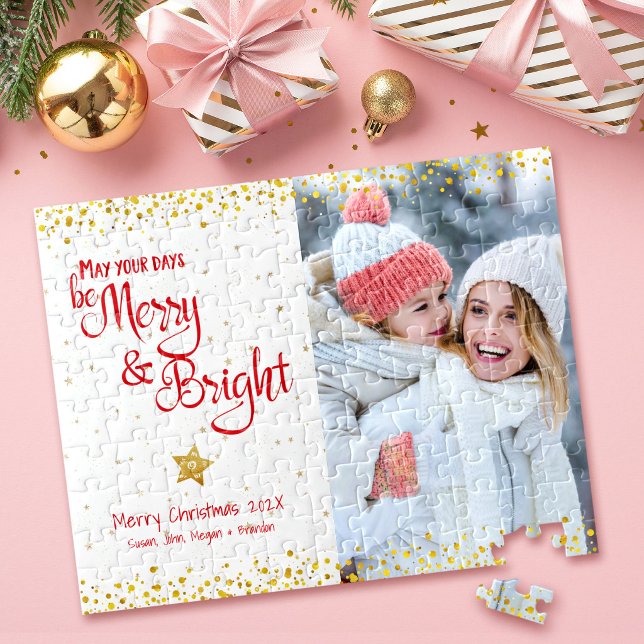 Foto Merry Bright Script Gold Glitzer Red Holiday Puzzle (Von Creator hochgeladen)