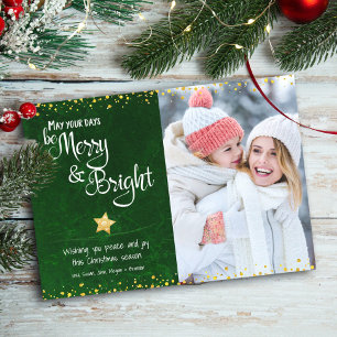Foto Merry Bright Script Green Gold Glitzer Star Feiertagskarte