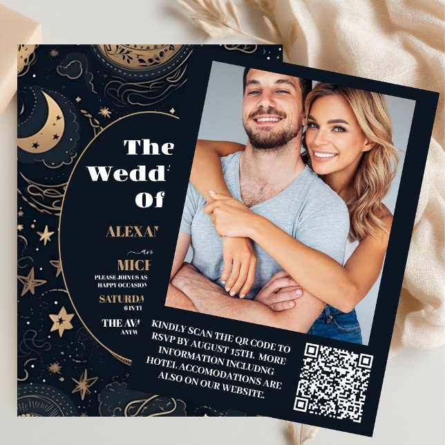 Foto Midnight Blue Gold Celestial Wedding Einladung (Von Creator hochgeladen)