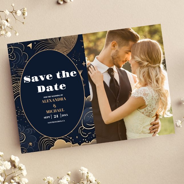 Foto Midnight Blue Gold Celestial Wedding Save The Date (Von Creator hochgeladen)