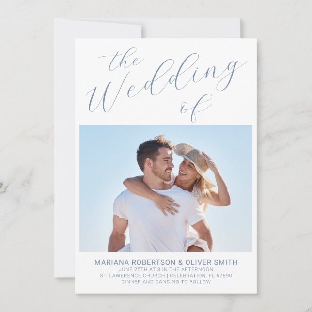 Foto Minimalistisch Dusty Blue Script Wedding Einladung (Vorderseite)