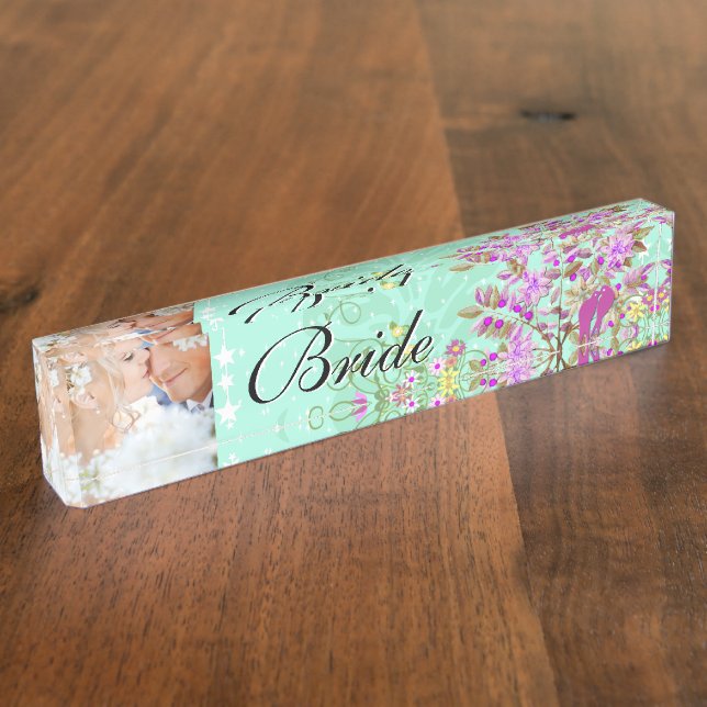 Foto Mint Radiant Lila Bride Love Bird Wedding Namensplakette (Seite)