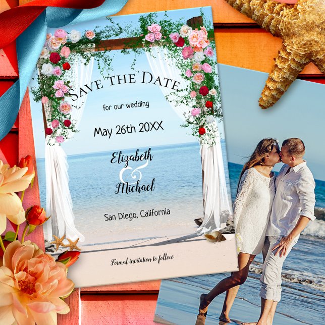 Foto mit Beach Arbor Hochzeitssache Speichern Sie  Save The Date (Save the Date card with a rose arbor at the beach and your custom photo)