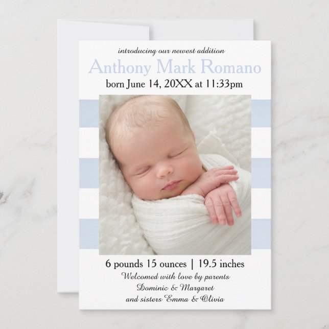 Foto mit blauen/weißen Streifen - Geburtsankündigu Ankündigung (Vorderseite)