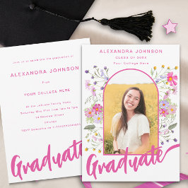 Foto mit Blumenabschluss - Pink-Script-Graduierung Einladung