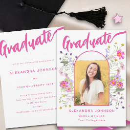 Foto mit Blumenabschluss - Pink-Script-Graduierung Einladung