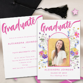 Foto mit Blumenabschluss - Pink-Script-Graduierung Einladung