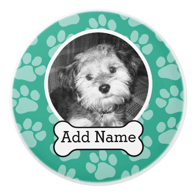 Foto mit Dog-Knochen und Paw-Druck grün Keramikknauf (Vorderseite)