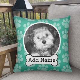 Foto mit Dog-Knochen und Paw-Druck grün Kissen