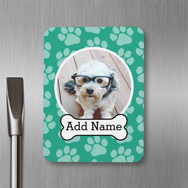 Foto mit Dog-Knochen und Paw-Druck grün Magnet (Personalized pet magnet)