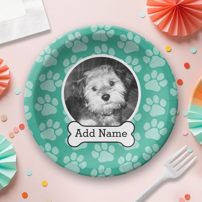 Foto mit Dog-Knochen und Paw-Druck grün Pappteller (Custom Paper Plate for a Party)