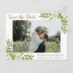 Foto mit grüner Leaf-Hochzeit speichern Sie das Da Postkarte