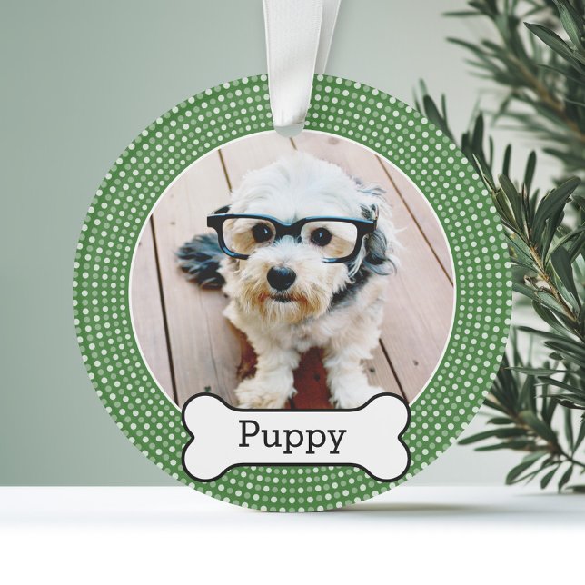 Foto mit Hundeblock - grüne Polka-Punkte Ornament (Personalized Photo Ornament - Pet Theme)