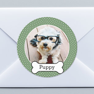 Foto mit Hundeblock - grüne Polka-Punkte Runder Aufkleber