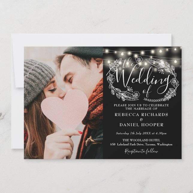 Foto mit String Lights in einer Hochzeit Einladung (Vorderseite)