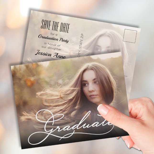 Foto mit weißem Skript Save the Date Postkarte (Von Creator hochgeladen)