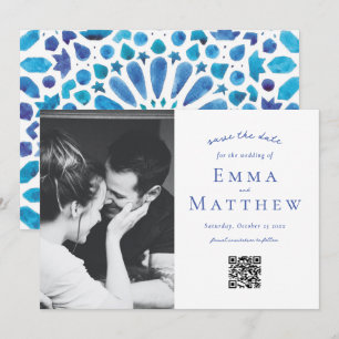 Foto Mittelmeerblaue Kachel Muster QR Save The Date