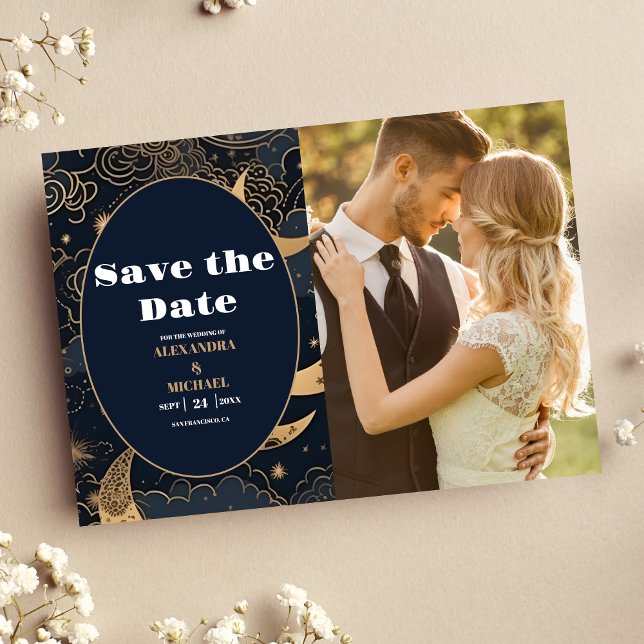 Foto Mitternachtsblau Gold Himmlische Hochzeit Save The Date (Von Creator hochgeladen)
