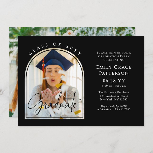 Foto Modern Arch Graduate Script Graduate Party Einladung (Vorne/Hinten)