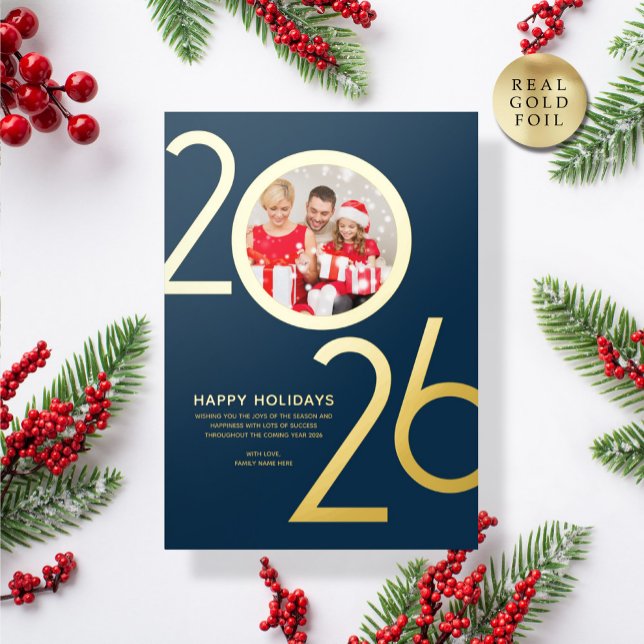 Foto Modern Bold Navy Blue 2026 Holiday Gold Card Folieneinladung (Von Creator hochgeladen)