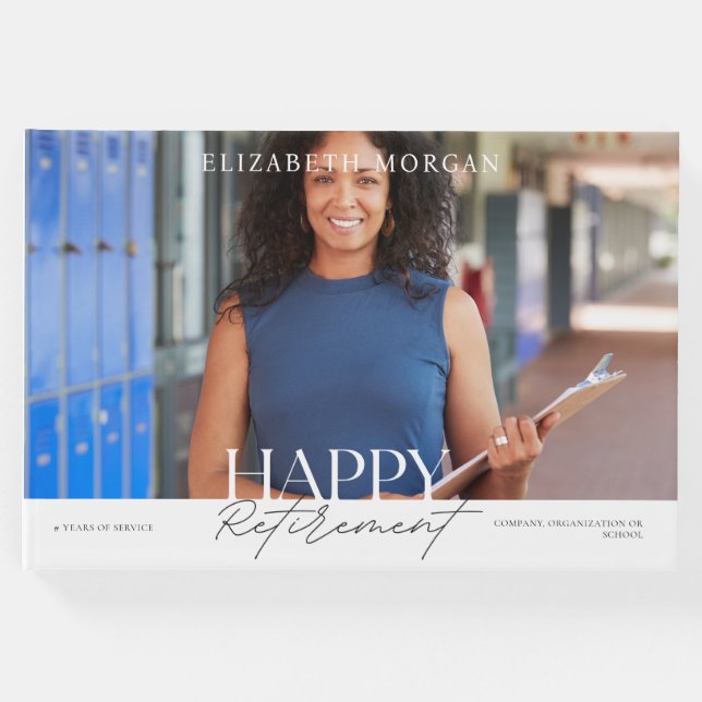 Foto Modern Happy Retirement Party White Gästebuch (Vorderseite)