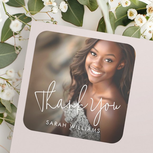 Foto Moderne Drehbuch Abschluss Vielen Dank Quadratischer Aufkleber (Photo modern script graduation thank you square sticker)