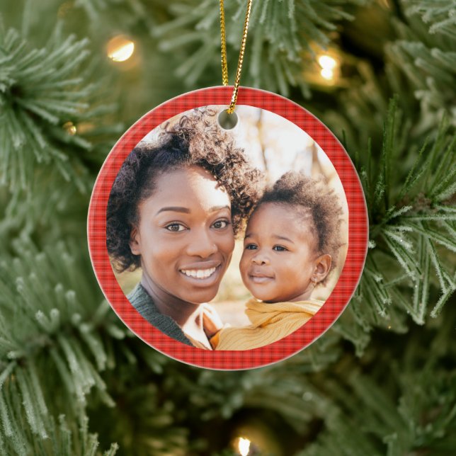 Foto Modernes Klassisches Rot Kariert hinzufügen Keramik Ornament (Baum)