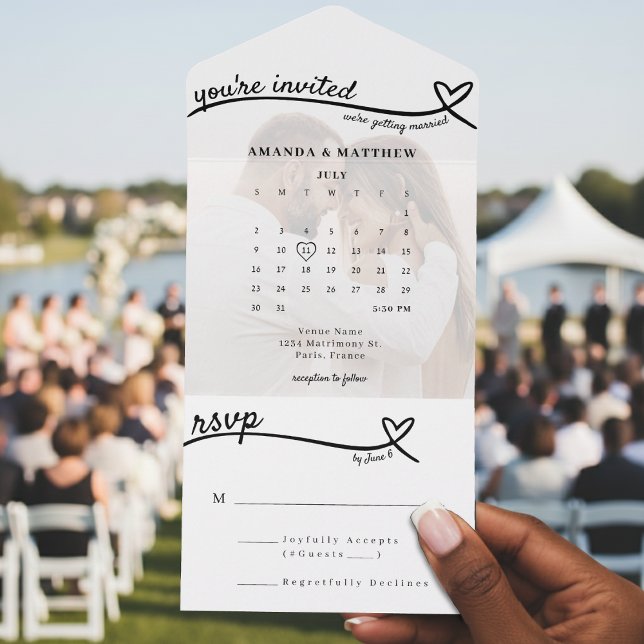Foto Monogram Heart Line White Calendar Hochzeit All In One Einladung (Photo Monogram Heart Line White Calendar Wedding All In One Invitation
)