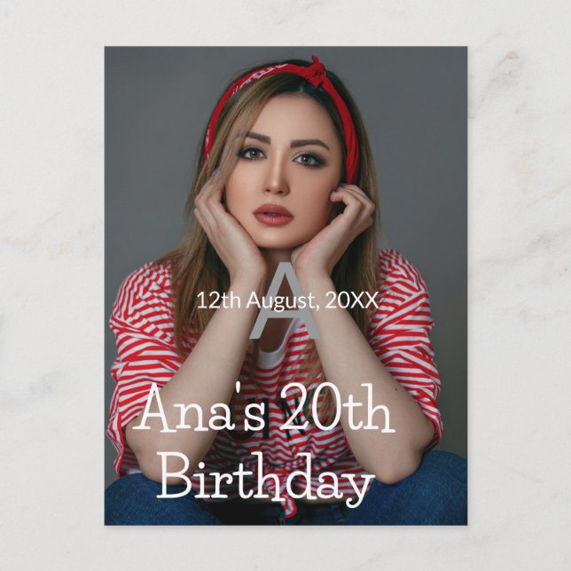 Foto Monogramm glücklich 20. Geburtstag grau weiß Postkarte (Vorderseite)