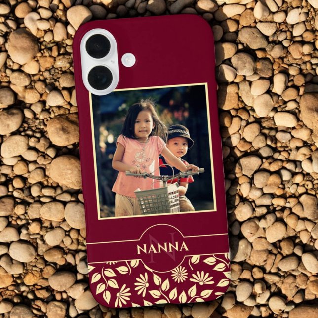 Foto-Monogramm-Name-Blätter für benutzerdefinierte Case-Mate iPhone Hülle (Custom photo template text burgundy background phone case back)