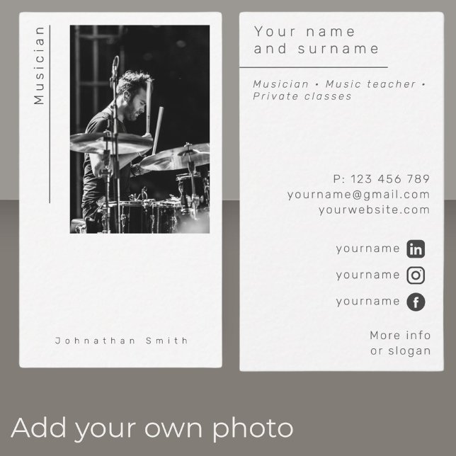 Foto Musiker Schwarz-weiß moderne Business Card Visitenkarte (Von Creator hochgeladen)