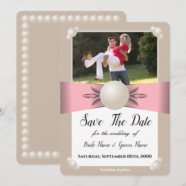 Foto "Mute Blush & Tan Pearl Ribbon" Save the Date Einladung (Vorne/Hinten)