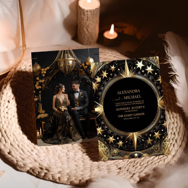 Foto Mystical Black Gold Celestial Galaxy Hochzeit Einladung (Von Creator hochgeladen)