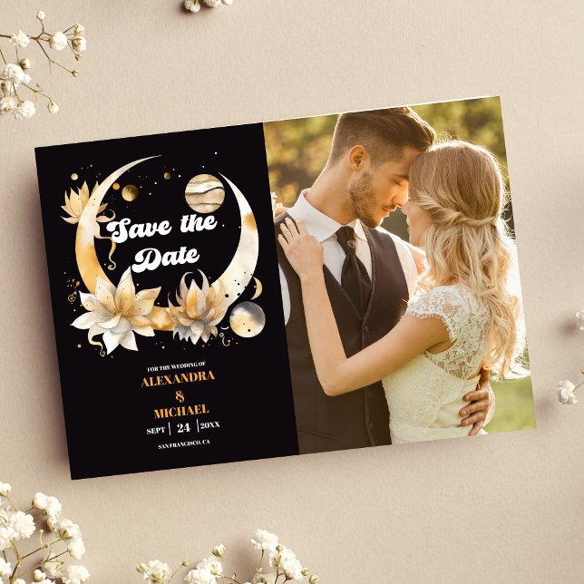 Foto Mystical Black Gold Celestial Wedding Save The Date (Von Creator hochgeladen)