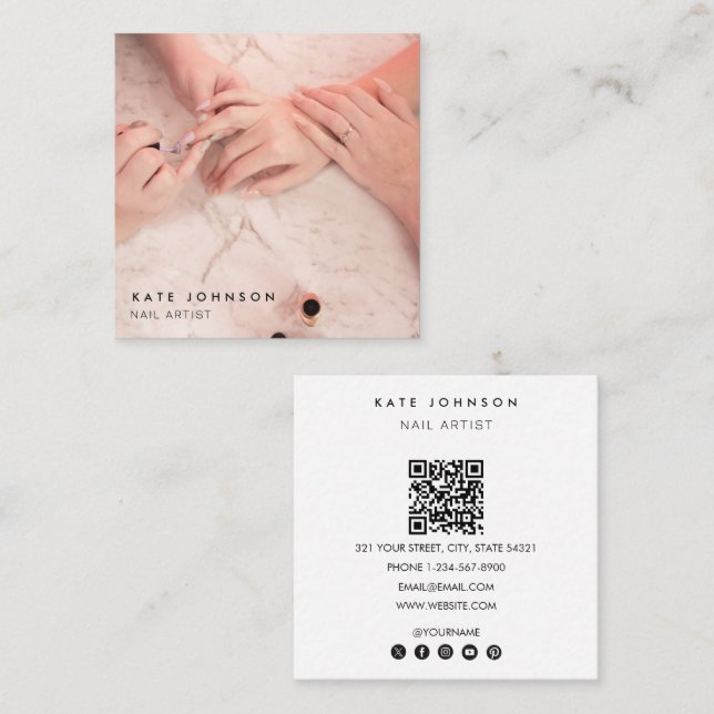 Foto Nail Artist Salon QR Code Social Media Quadratische Visitenkarte (Vorne/Hinten)