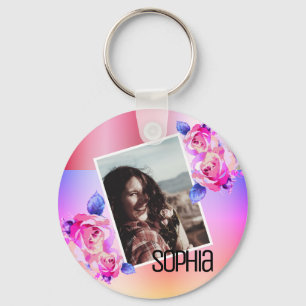 Foto Name Aquarellfarbe Rosa Blume Rose Schlüsselanhänger