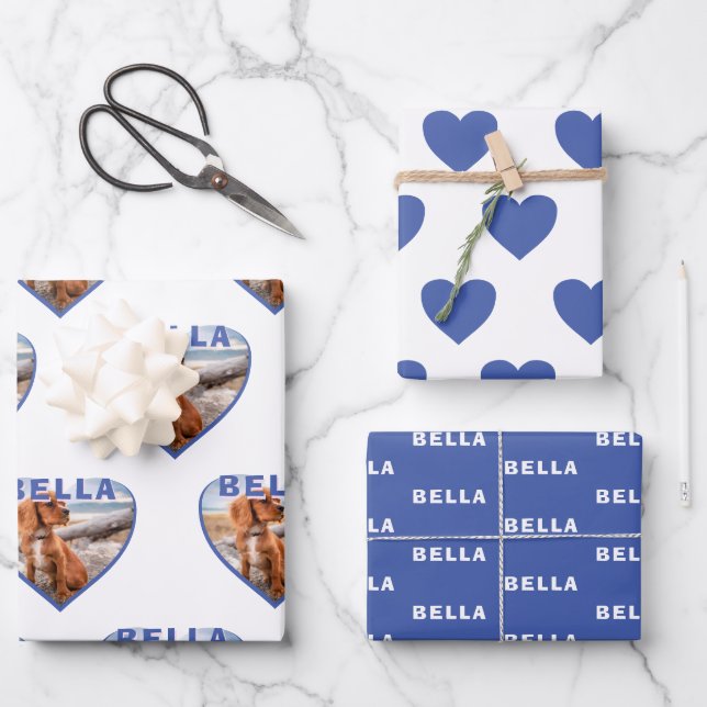 Foto Name Blue Heart Pet Geschenkpapier Set (Vorderseite)