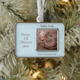 Foto Name Geburtsdatum Baby's erstes 1. Rahmen-Ornament Silber