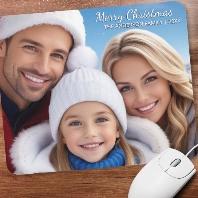 Foto Name(n) Jahr Custom Modern Merry Christmas Mousepad (A festive 'Merry Christmas' mouse mat for you to personalize with your own photograph and name)