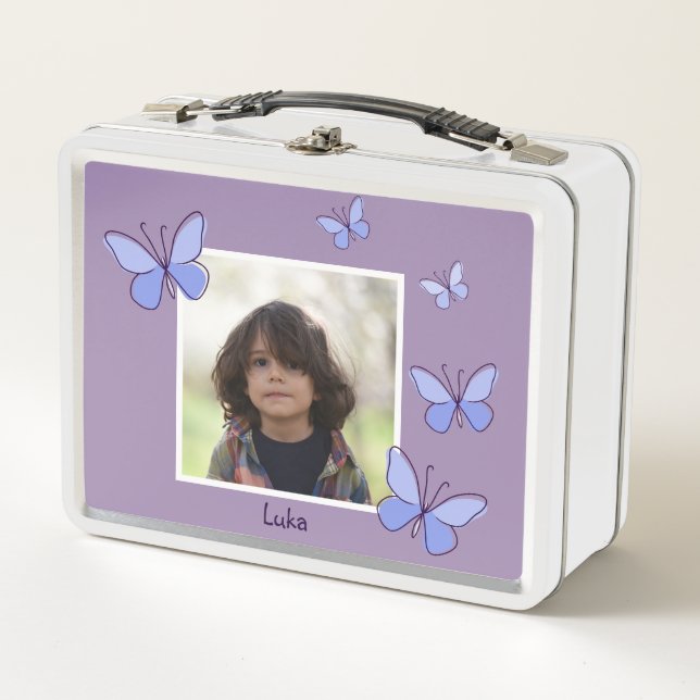 Foto Name Violet & Blue Butterfly Flutter Metall Brotdose (Vorderseite)