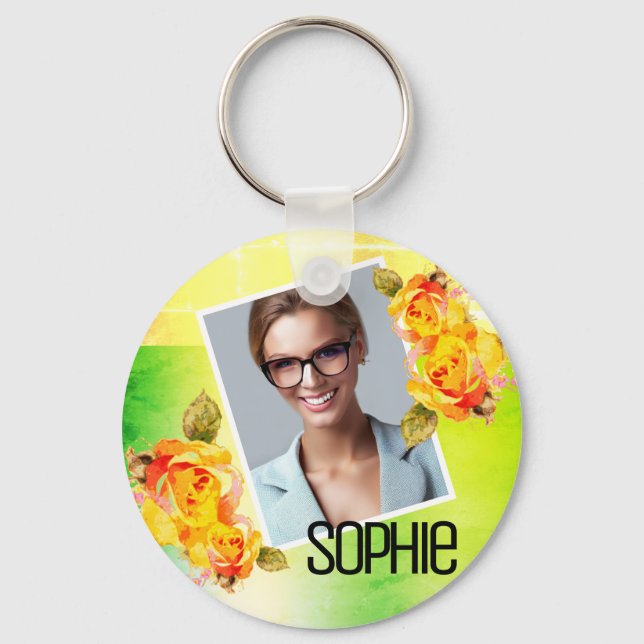 Foto Name Wasserfarbe Blumengrün Blume Rose Schlüsselanhänger (Vorderseite)