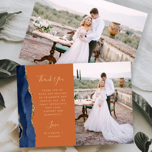 Foto Navy Blue Agate Gold Script Rust Wedding Dankeskarte (Von Creator hochgeladen)