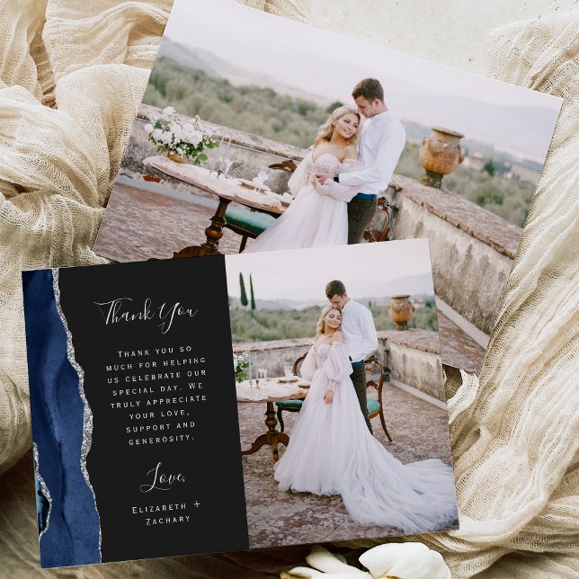 Foto Navy Blue Agate Silver Dark Script Hochzeit Dankeskarte (Von Creator hochgeladen)