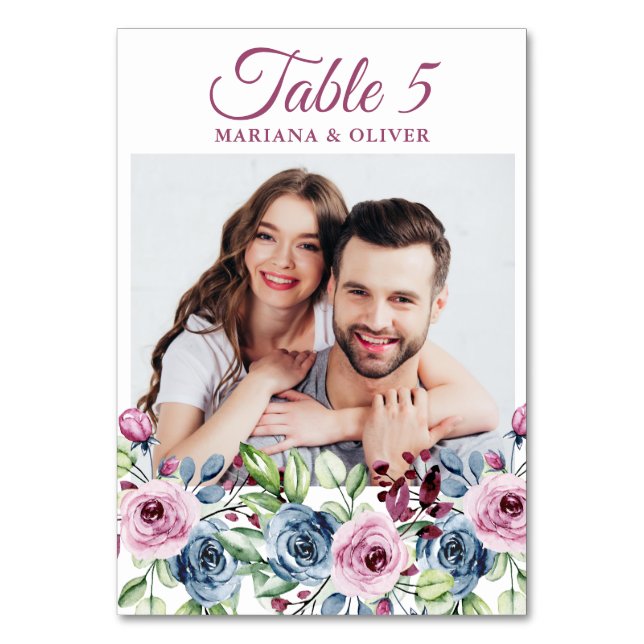 Foto Navy Blue Burgundy Blumenzelt Tischnummer (Vorderseite)