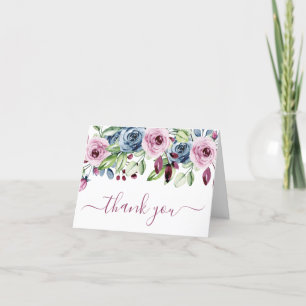Foto Navy Blue Burgundy Floral Wedding Dankeskarte